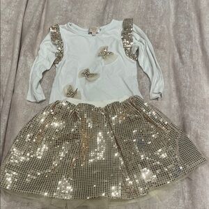 Girls Sparkling Gold Sequin Butterfly Dance 2 piece elegant skirt and shirt